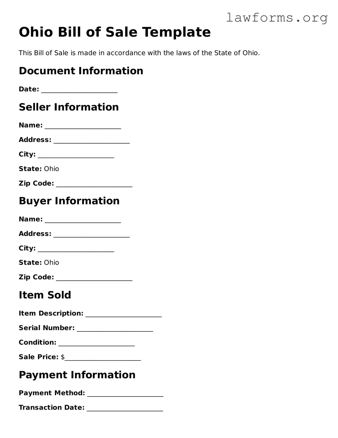 Attorney-Approved Bill of Sale Template for the State of Ohio