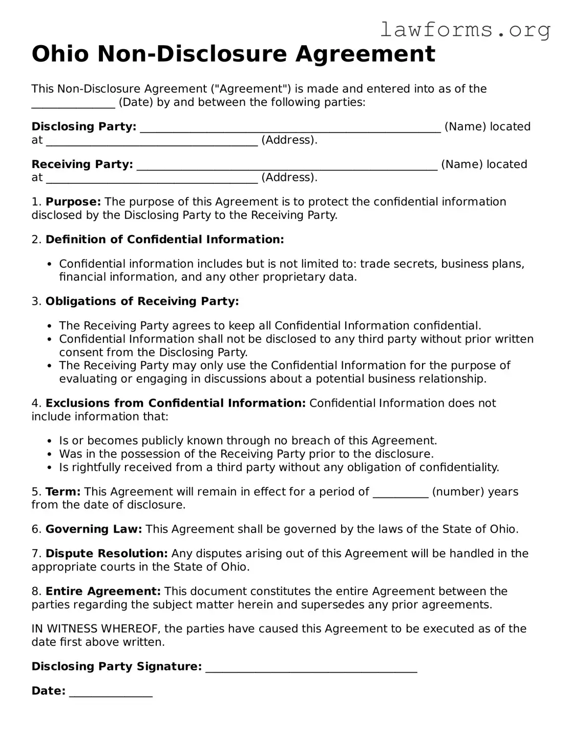 Attorney-Approved Non-disclosure Agreement Template for the State of Ohio