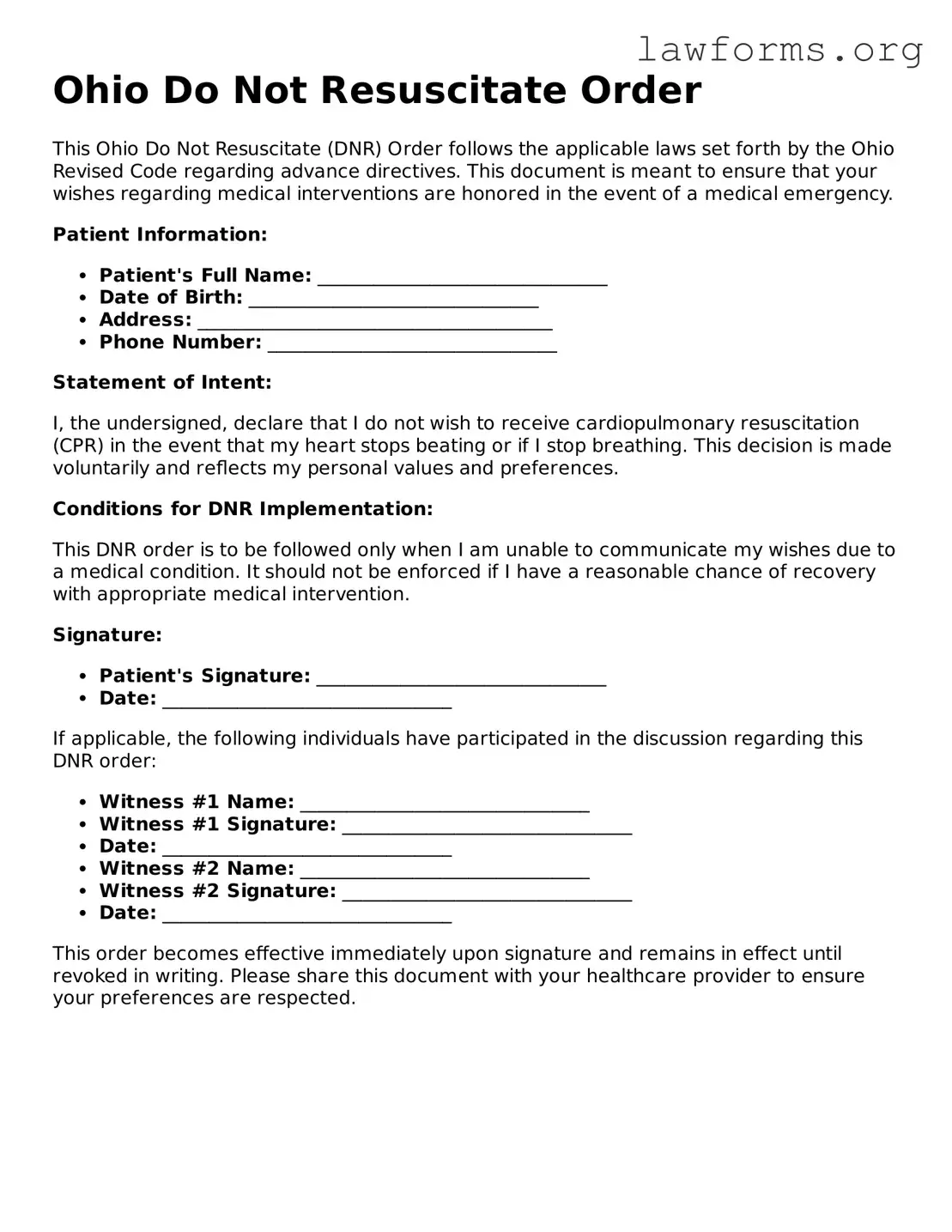 Attorney-Approved Do Not Resuscitate Order Template for the State of Ohio