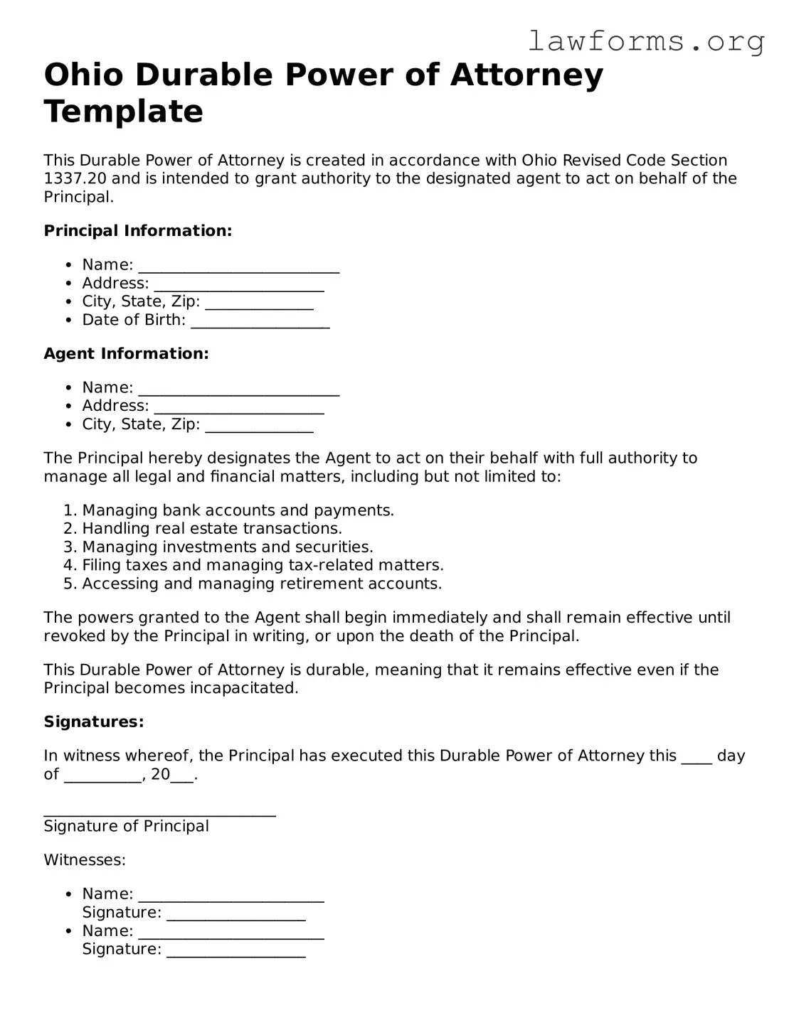 Attorney-Approved Durable Power of Attorney Template for the State of Ohio