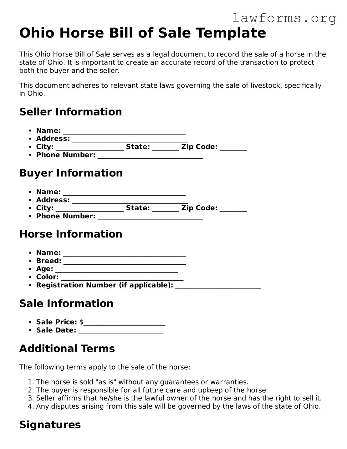 Attorney-Approved Horse Bill of Sale Template for the State of Ohio