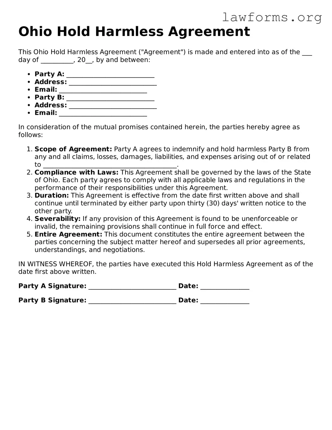 Attorney-Approved Hold Harmless Agreement Template for the State of Ohio