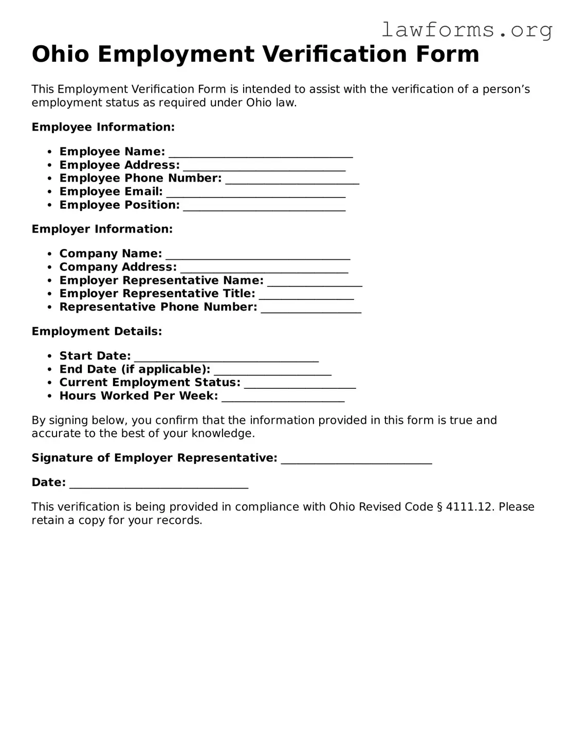 Attorney-Approved Employment Verification Template for the State of Ohio