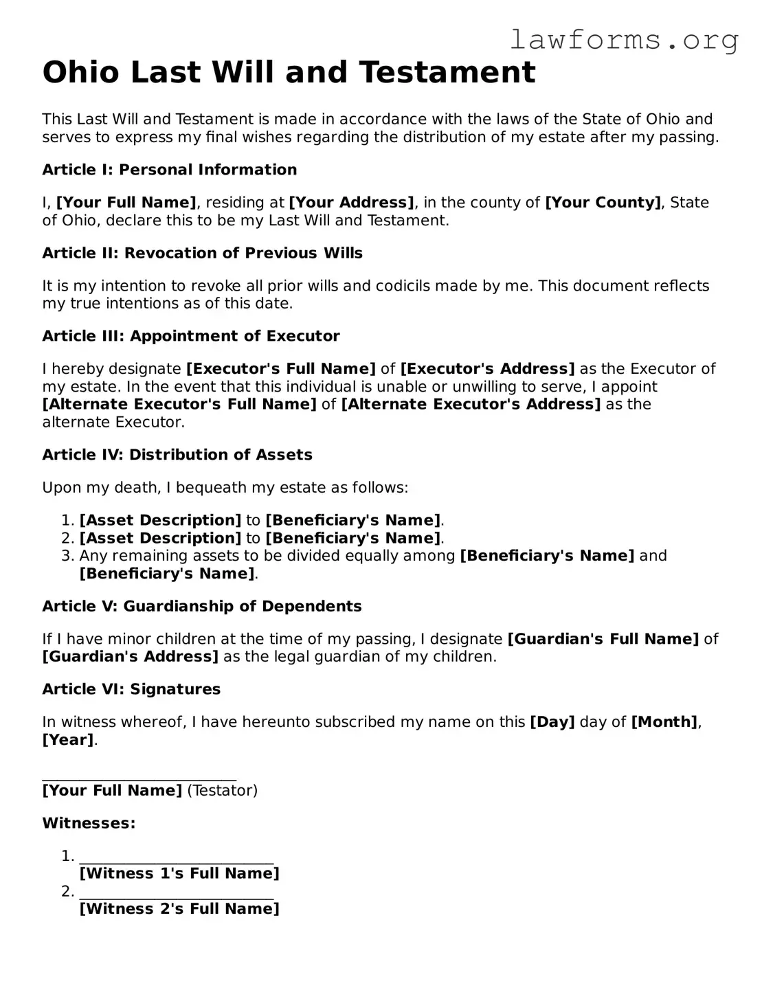 Attorney-Approved Last Will and Testament Template for the State of Ohio