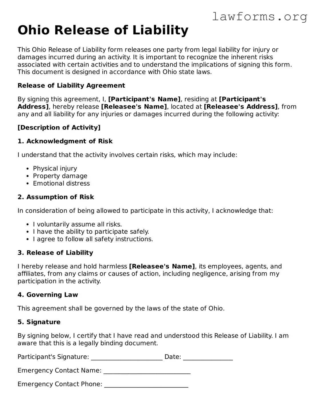 Attorney-Approved Release of Liability Template for the State of Ohio