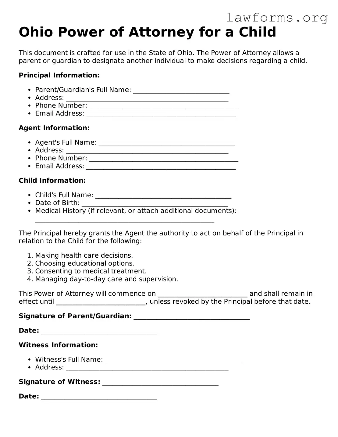 Attorney-Approved Power of Attorney for a Child Template for the State of Ohio