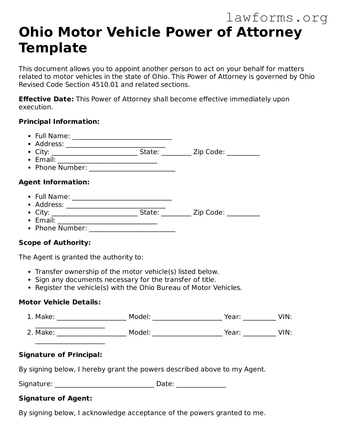 Attorney-Approved Motor Vehicle Power of Attorney Template for the State of Ohio