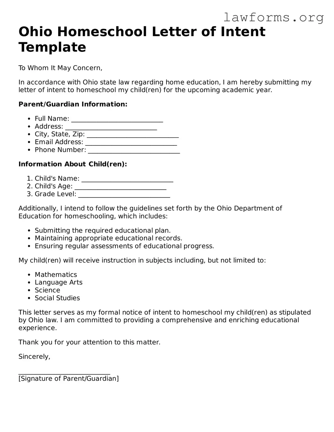 Attorney-Approved Homeschool Letter of Intent Template for the State of Ohio