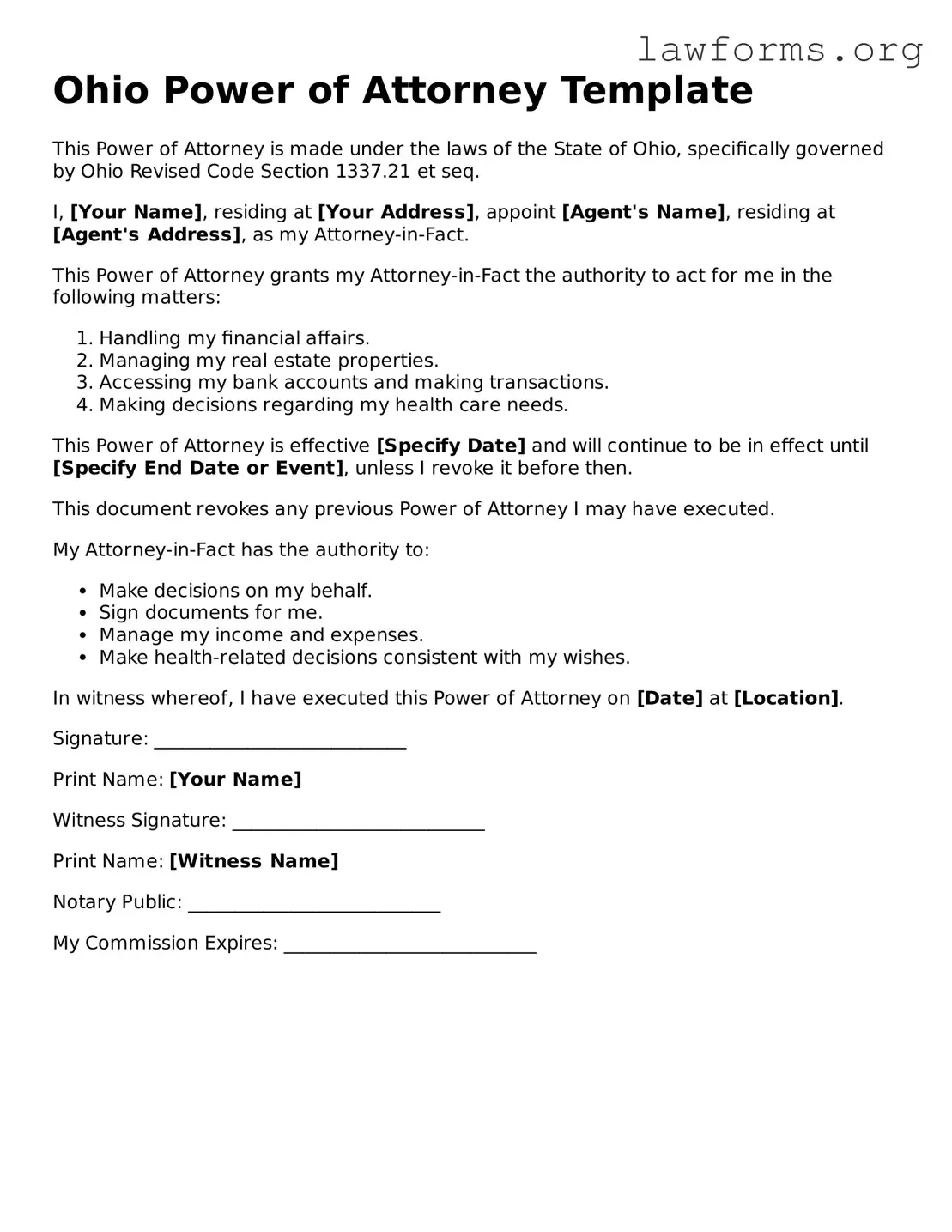 Attorney-Approved Power of Attorney Template for the State of Ohio