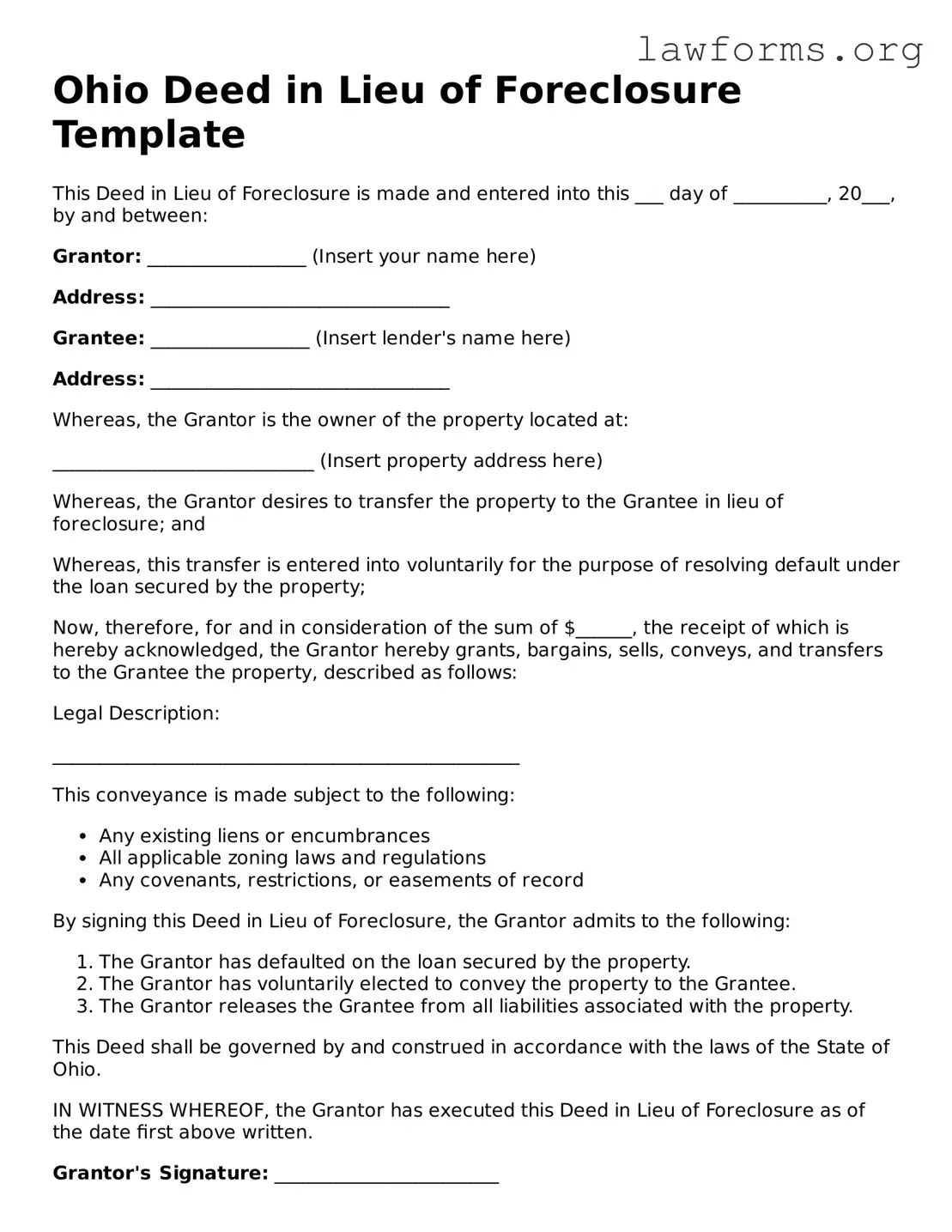 Attorney-Approved Deed in Lieu of Foreclosure Template for the State of Ohio