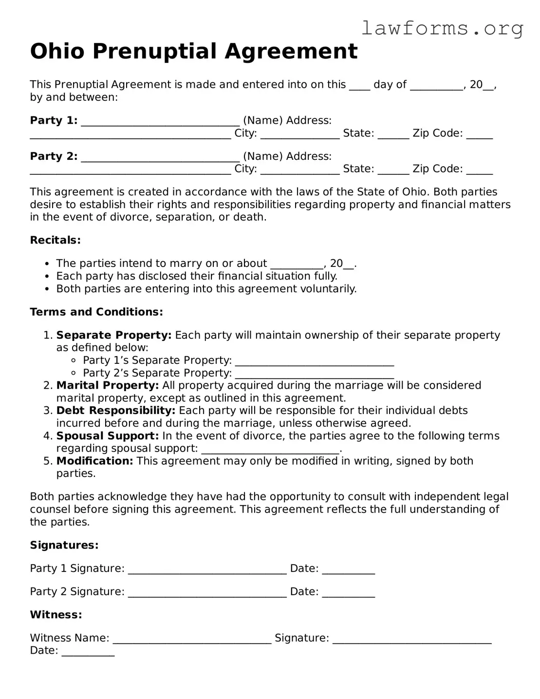 Attorney-Approved Prenuptial Agreement Template for the State of Ohio
