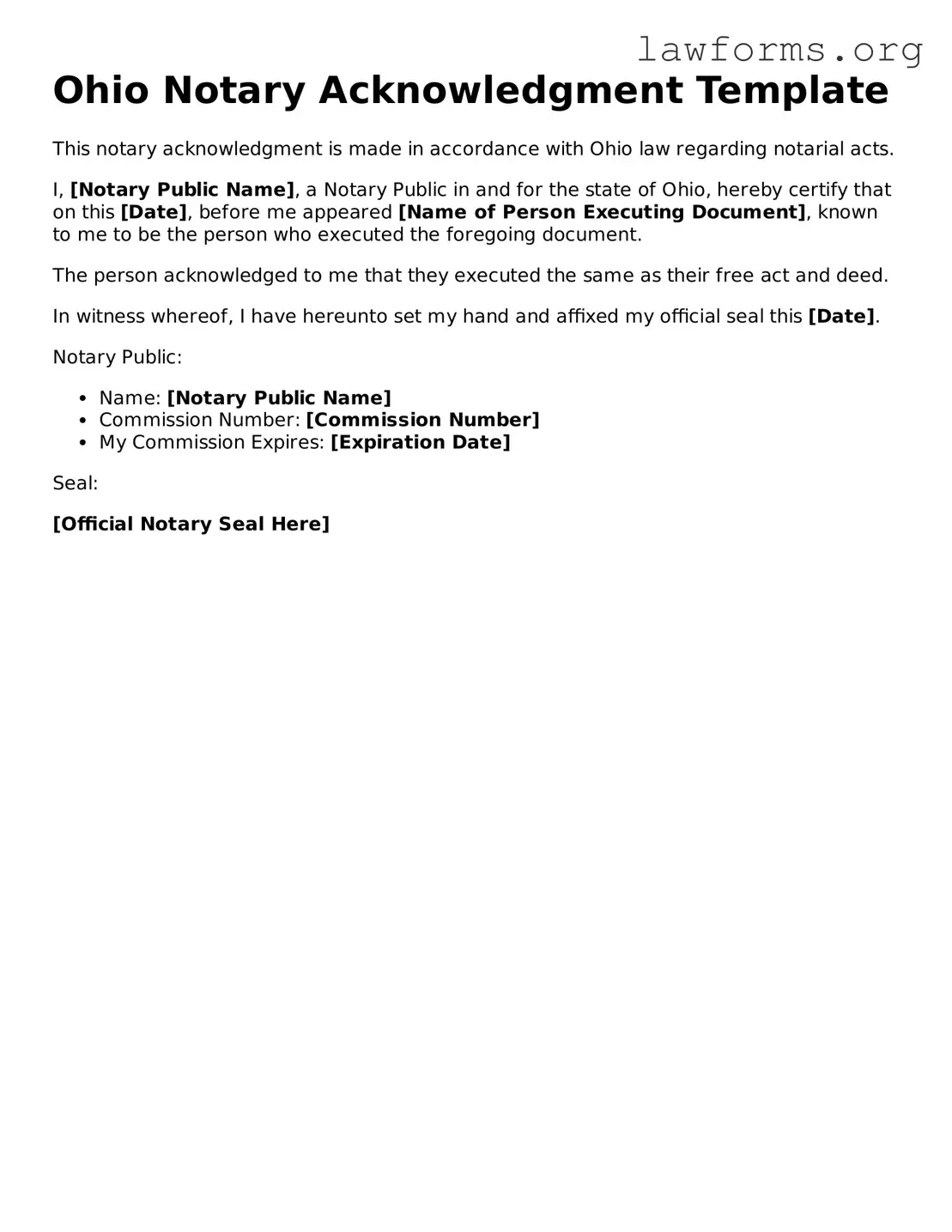 Attorney-Approved Notary Acknowledgement Template for the State of Ohio