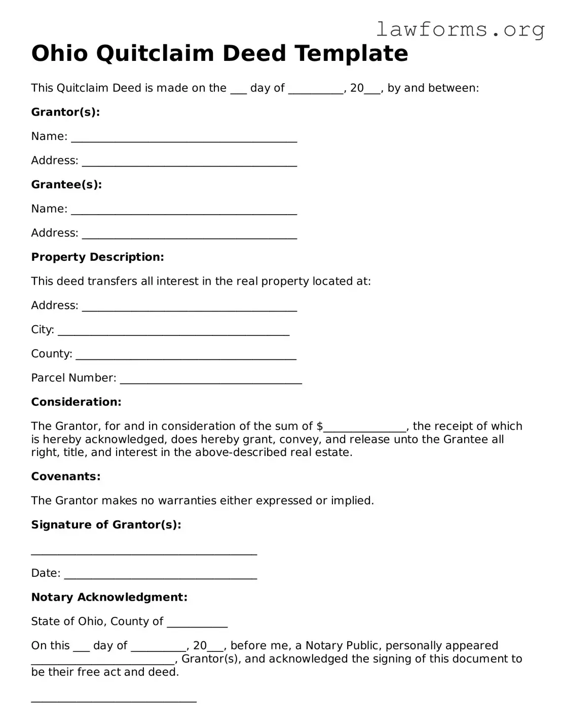 Attorney-Approved Quitclaim Deed Template for the State of Ohio