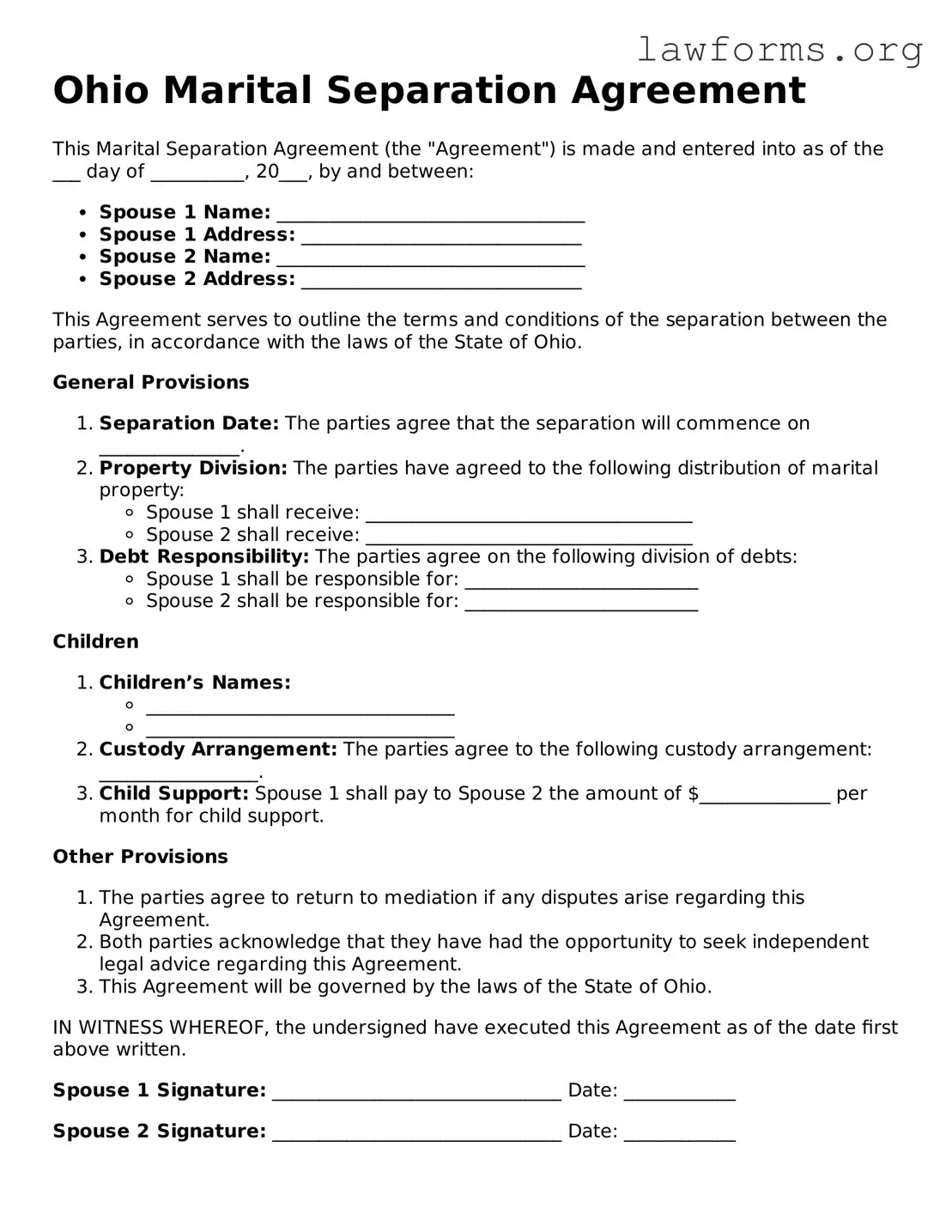 Attorney-Approved Marital Separation Agreement Template for the State of Ohio