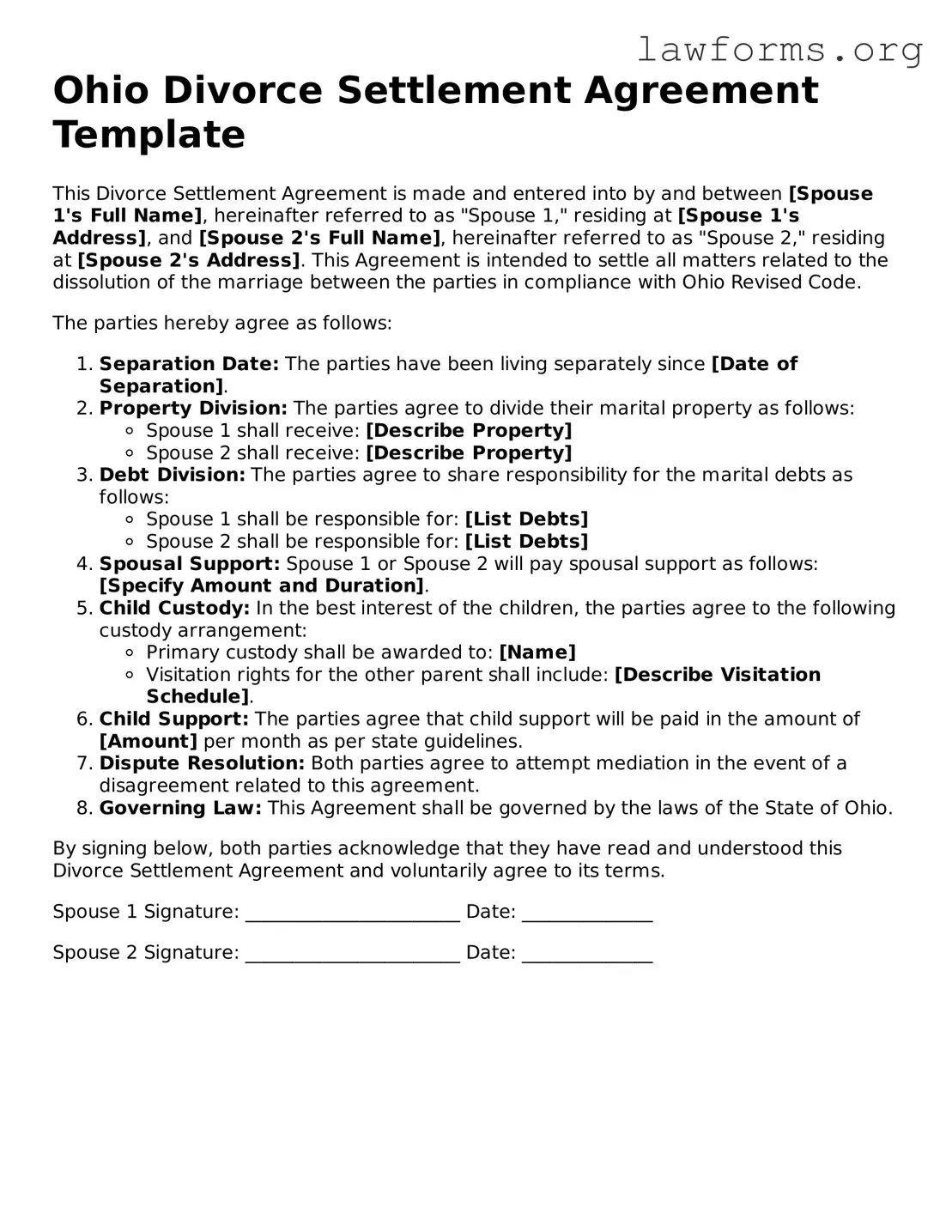 Attorney-Approved Divorce Settlement Agreement Template for the State of Ohio