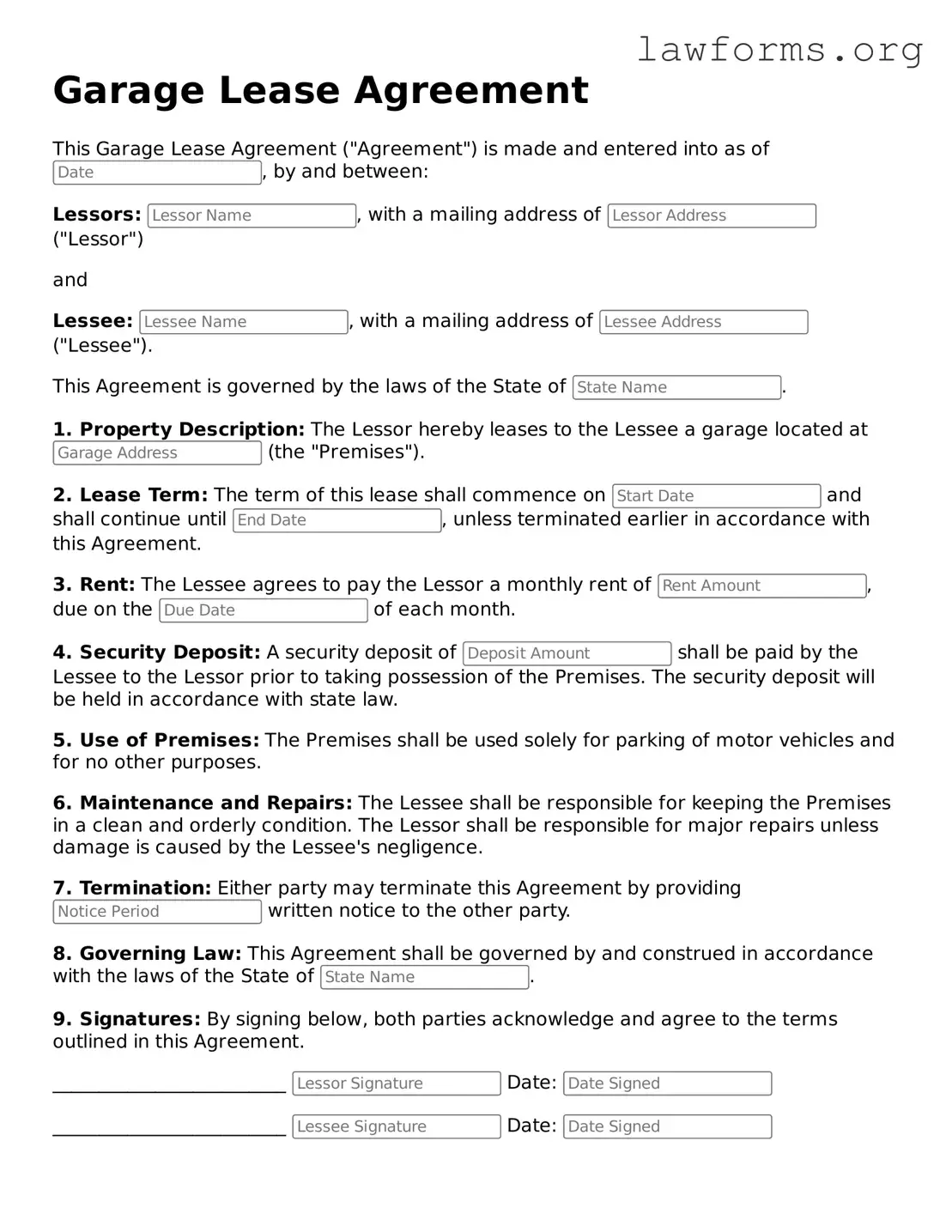 Valid Garage Lease Agreement Form