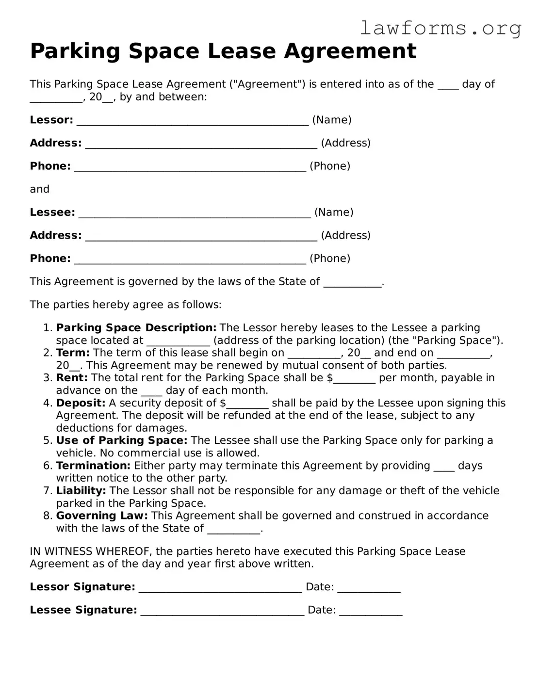Valid Parking Space Lease Agreement Form