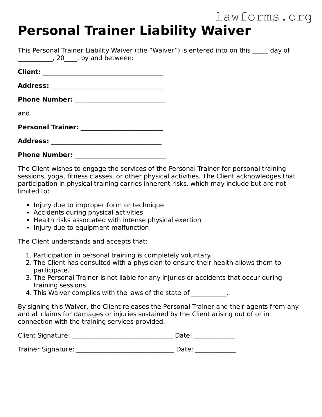 Valid Personal Trainer Liability Waiver Form