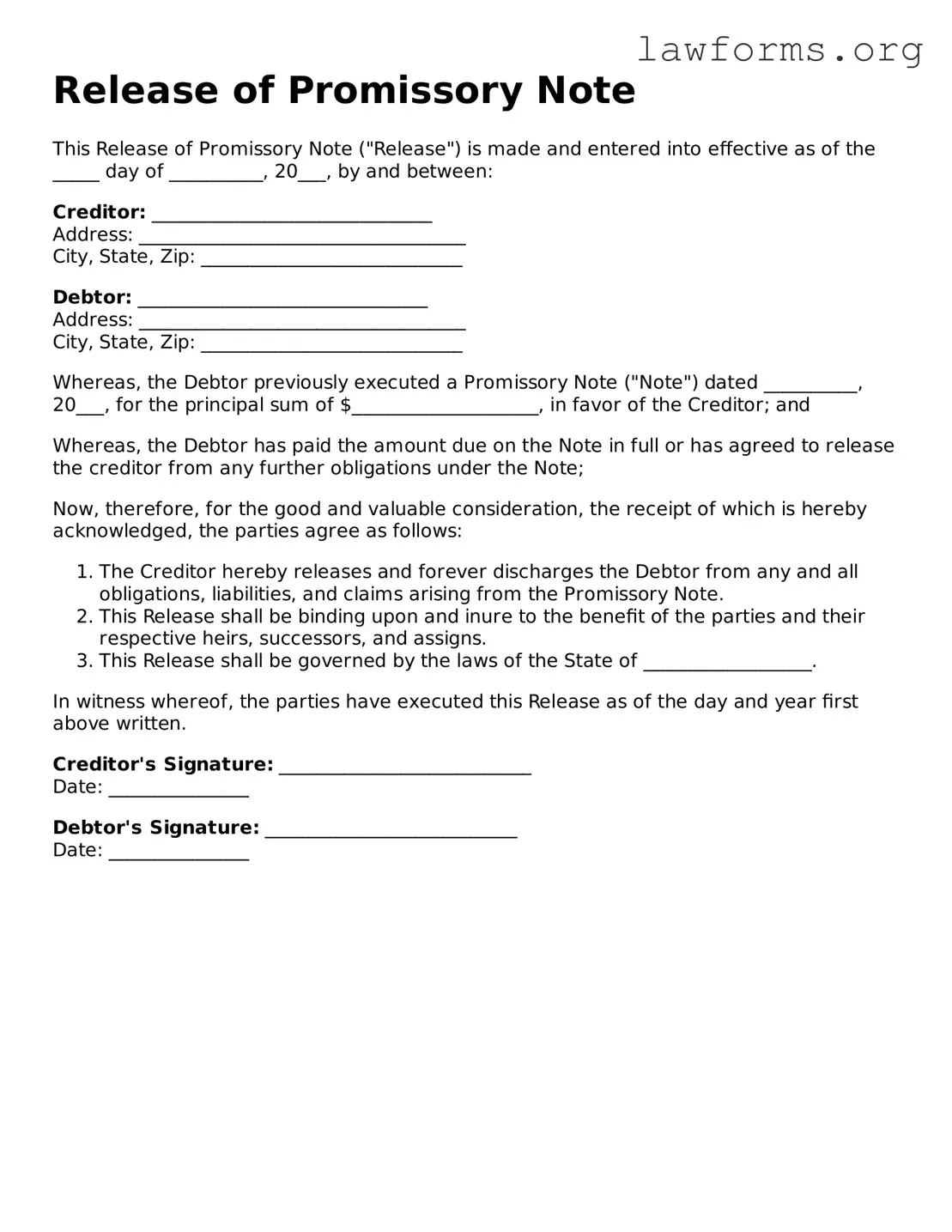 Valid Release of Promissory Note Form