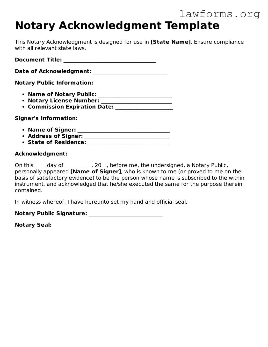 Valid Notary Acknowledgement Form