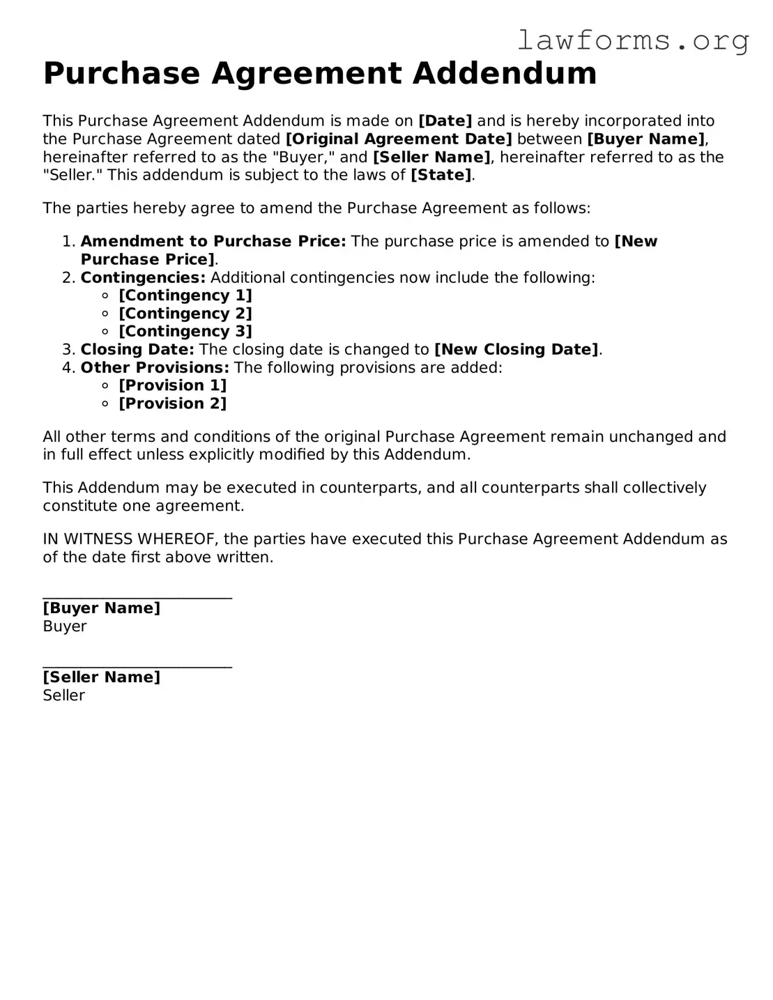 Valid Purchase Agreement Addendum Form