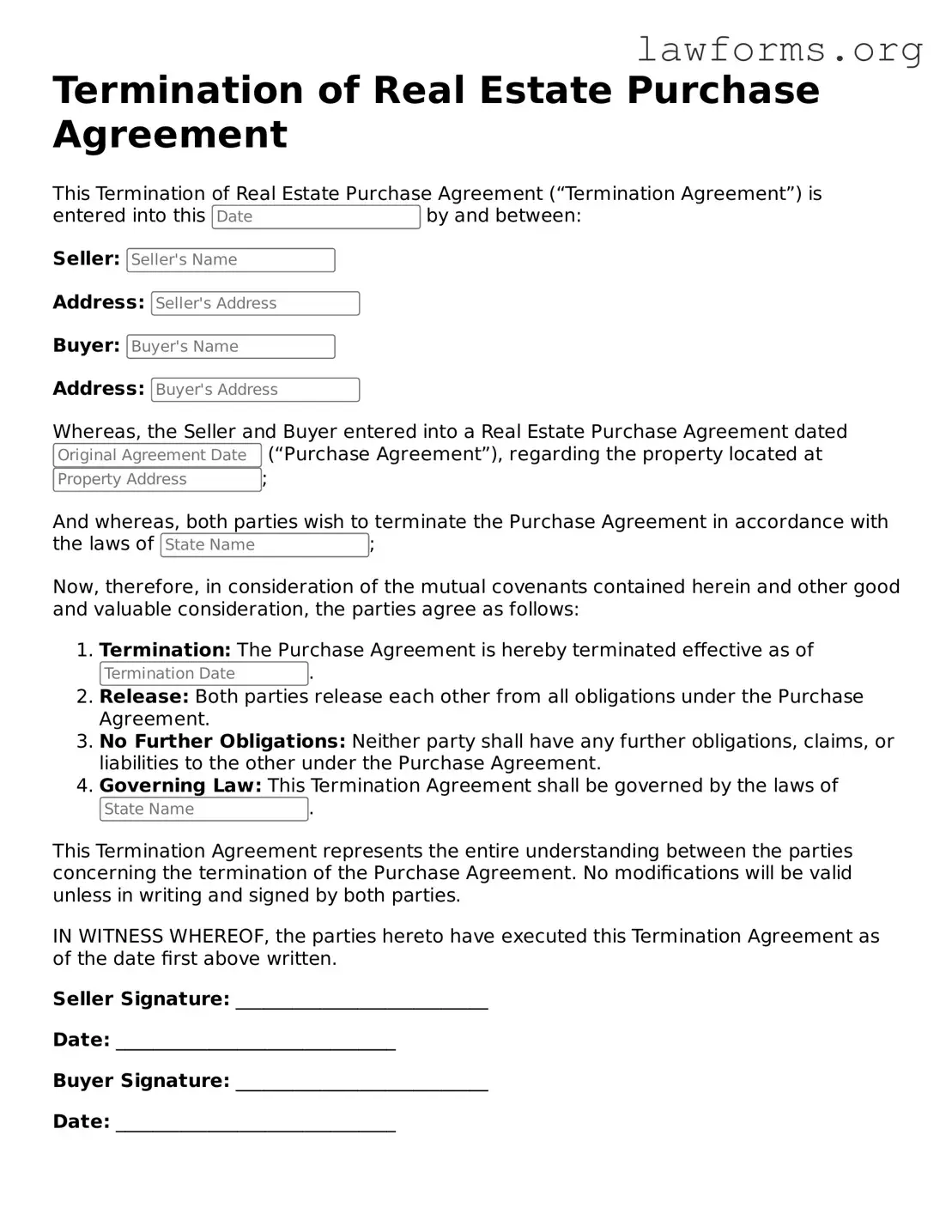 Valid Termination of Real Estate Purchase Agreement Form