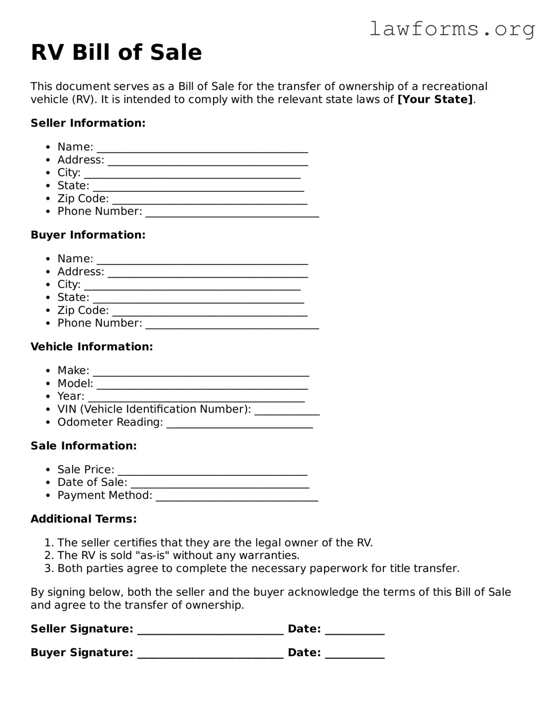 Valid RV Bill of Sale Form