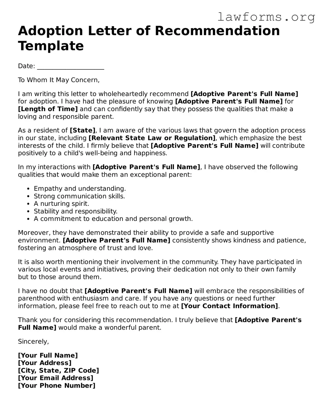 Valid Adoption Letter of Recommendation Form