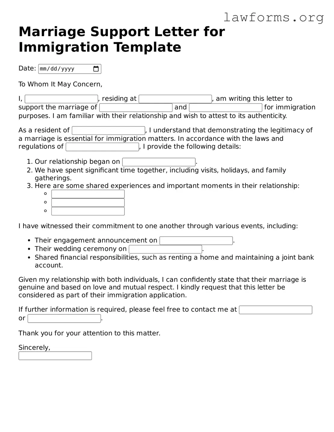 Valid Marriage Support Letter for Immigration Form