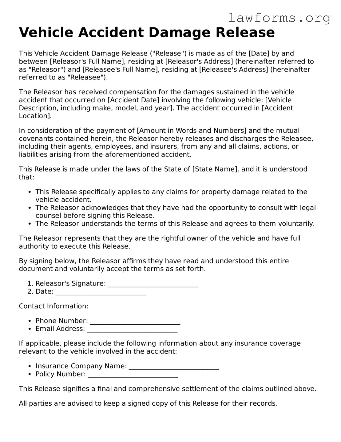 Valid Vehicle Accident Damage Release Form