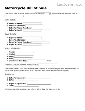 Valid Motorcycle Bill of Sale Form