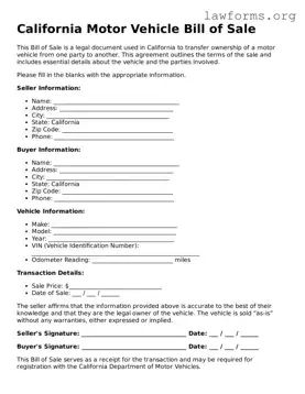 Attorney-Approved Motor Vehicle Bill of Sale Template for the State of California