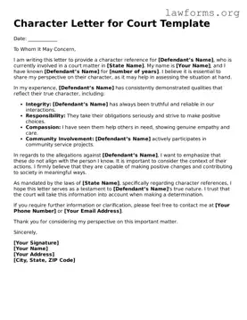 Valid Character Letter for Court Form