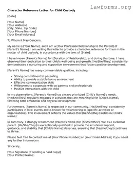 Valid Character Reference Letter for Child Custody Form