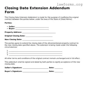 Valid Closing Date Extension Addendum Form Form