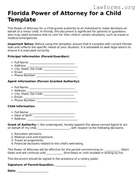 Attorney-Approved Power of Attorney for a Child Template for the State of Florida