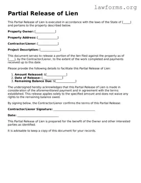 Valid Partial Release of Lien Form
