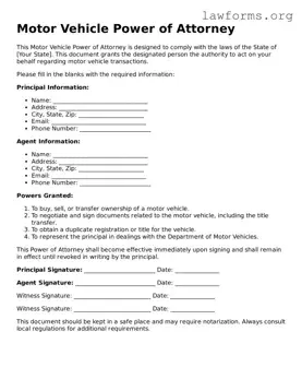 Valid Motor Vehicle Power of Attorney Form