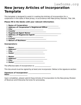 Attorney-Approved Articles of Incorporation Template for the State of New Jersey