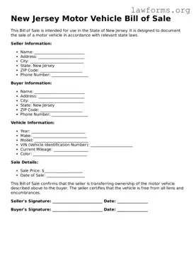 Attorney-Approved Motor Vehicle Bill of Sale Template for the State of New Jersey