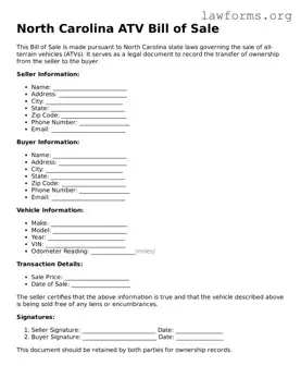 Attorney-Approved ATV Bill of Sale Template for the State of North Carolina