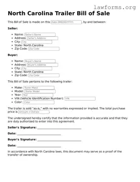 Attorney-Approved Trailer Bill of Sale Template for the State of North Carolina