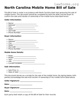 Attorney-Approved Mobile Home Bill of Sale Template for the State of North Carolina