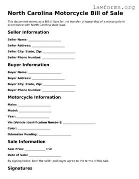 Attorney-Approved Motorcycle Bill of Sale Template for the State of North Carolina