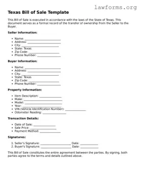 Attorney-Approved Bill of Sale Template for the State of Texas