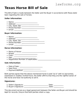 Attorney-Approved Horse Bill of Sale Template for the State of Texas