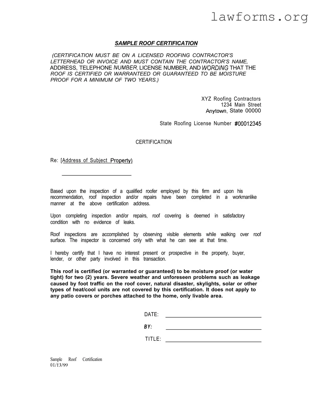 Fill Out a Valid Sample Roof Certification Template