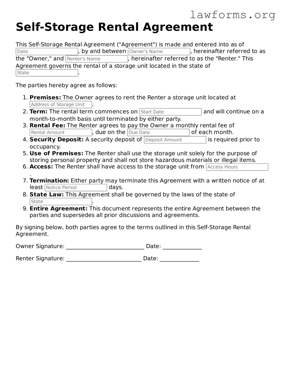 Valid Self-Storage Rental Agreement Form