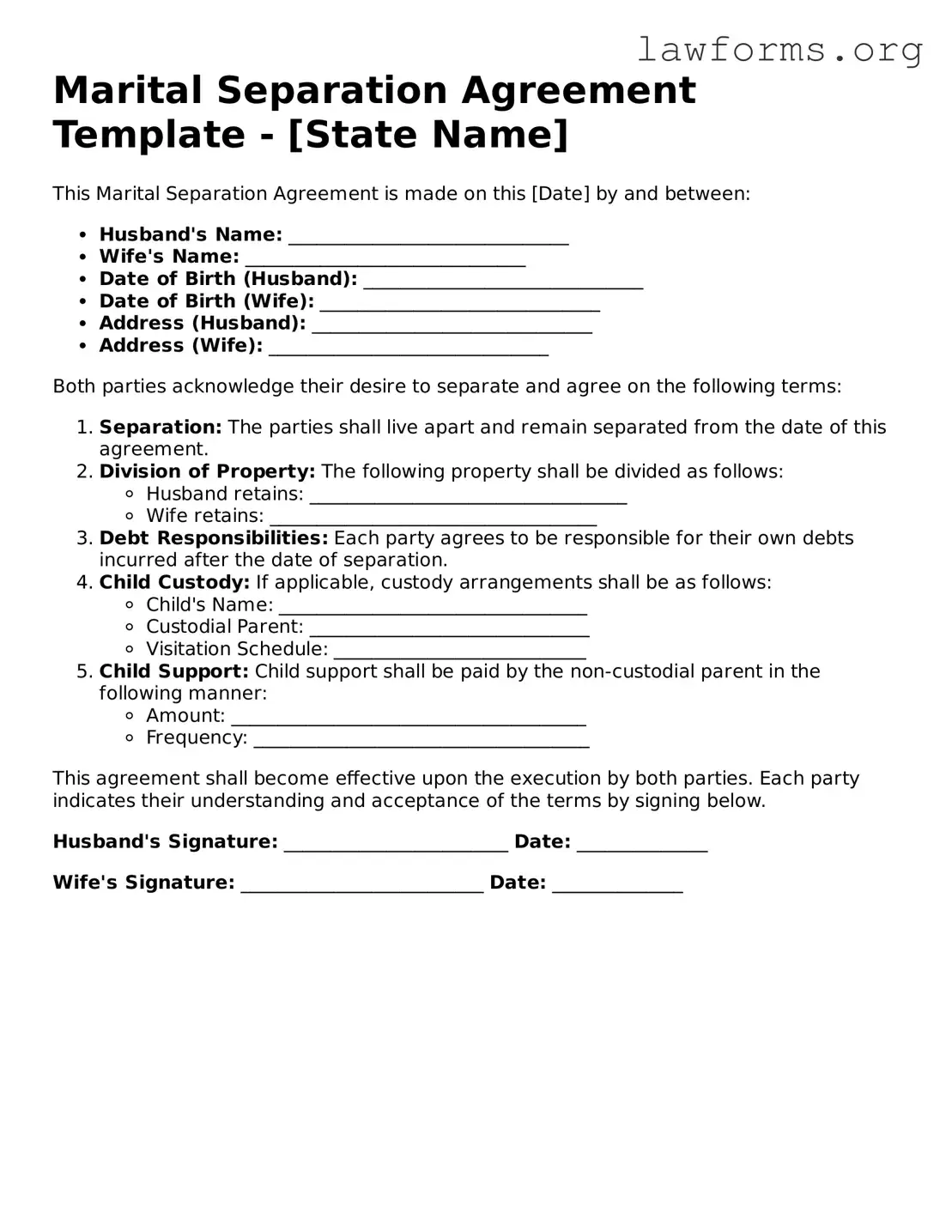 Valid Marital Separation Agreement Form