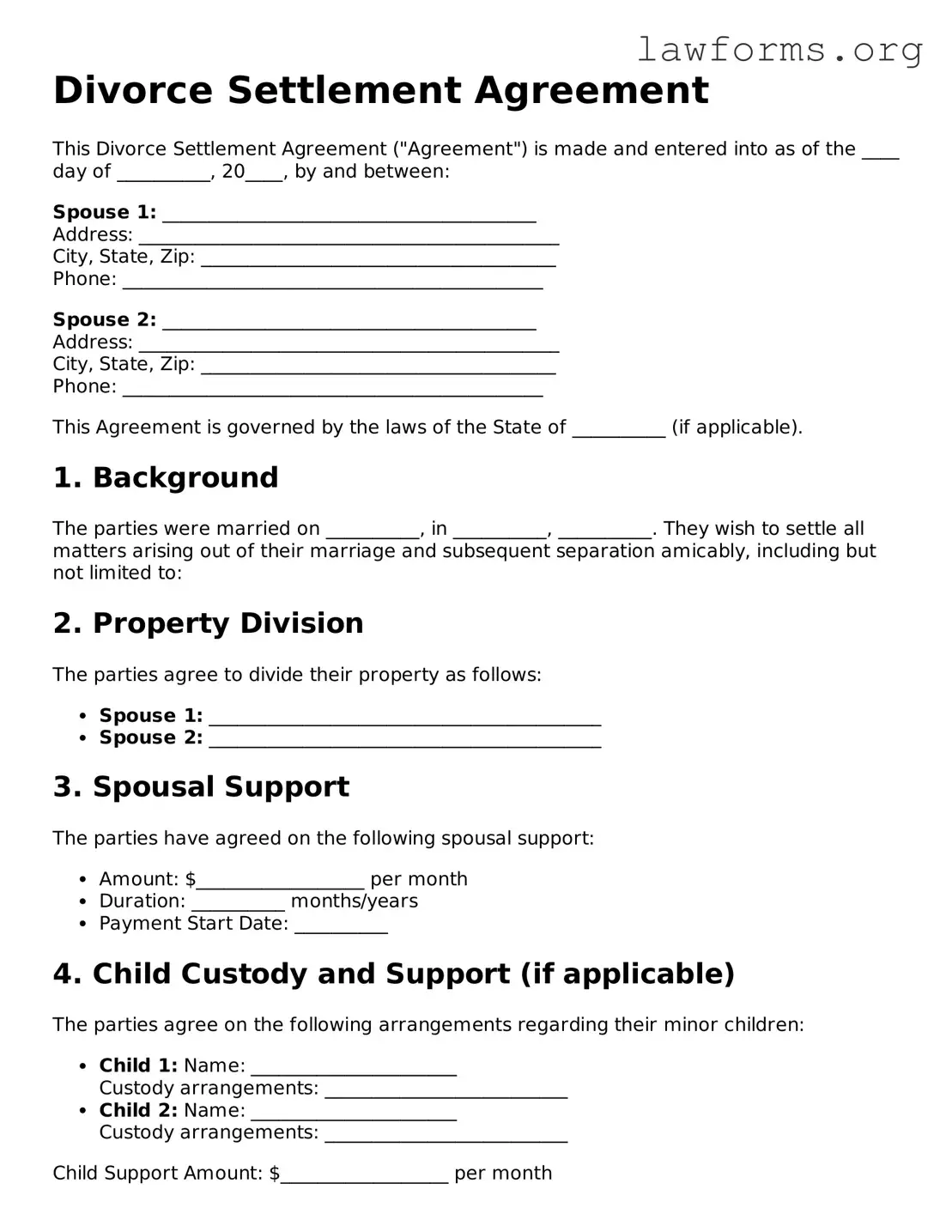 Valid Divorce Settlement Agreement Form